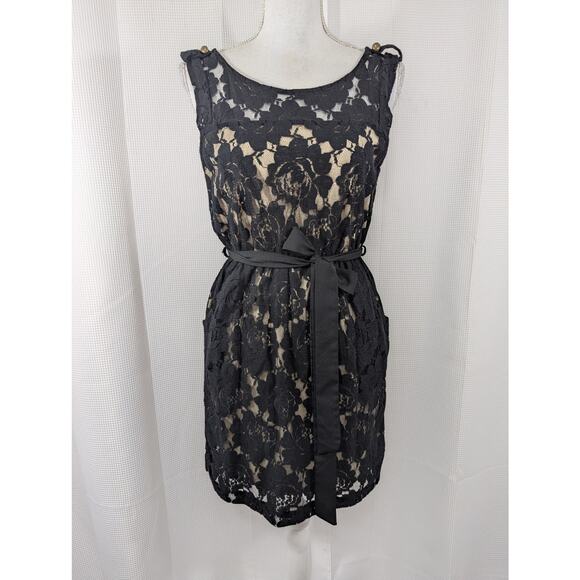 MONTEAU, LOS ANGELES! BLACK OVER CREAM STRETCH LACE POCKET DRESS! SZ M - Picture 2 of 8